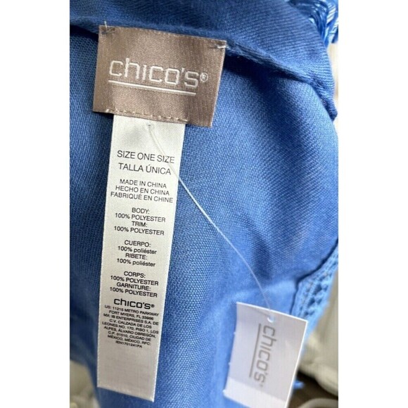 Chicos One Size OS Cotton Blend Reversible Novelty Wrap Scarf Buou Blue Fringe - Picture 6 of 7